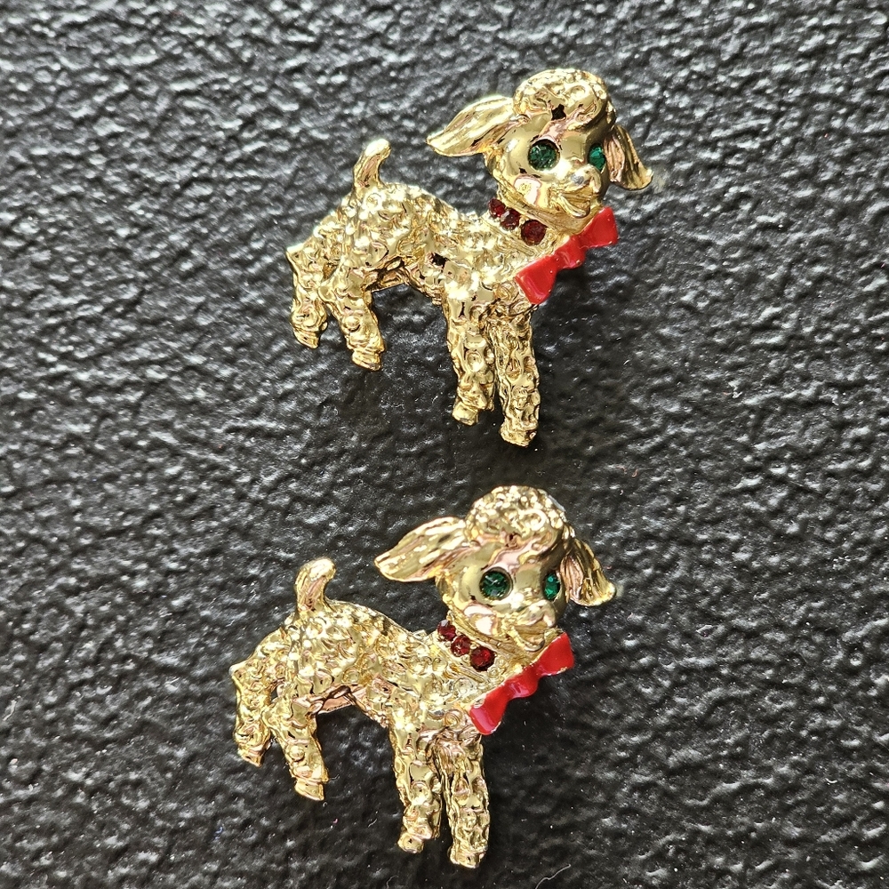 Pair Vintage 1960s Poodle Scatter Pins Gold Tone Green Rhinestone Eye Red Enamel